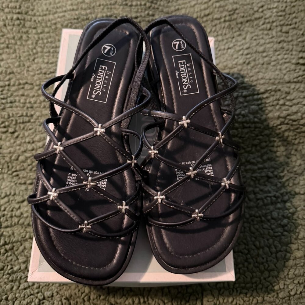 Basic Editions Y2K Black Sandal w Silver Accents Size 7.5